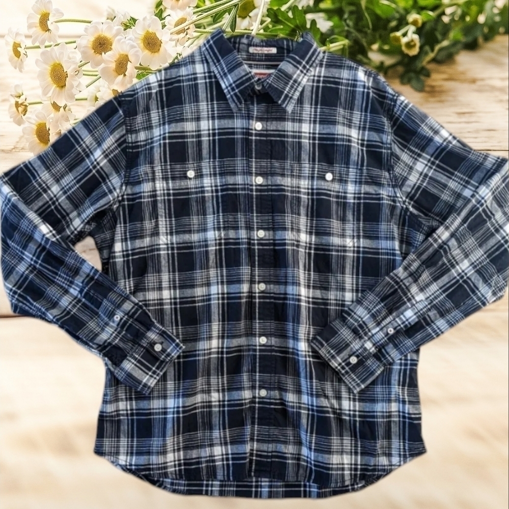 WRANGLER Flex For Comfort Long Sleeve Shirt Navy White Plaid Button Down Sz Med